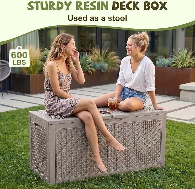 150 Gallon Outdoor Storage Box, Large Resin Deck Box Waterproof, Lockable Toy Storage Container, Storage Bins with Lids for Patio furniture, Garden Tool Box, Grey