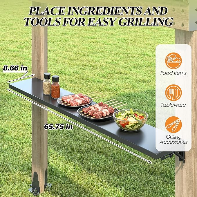 GARTOO 7.7'x5.7' Outdoor Grill Wood Gazebo - Hardtop Gazebo with 2 Side Shelves and Galvanized Steel Roof, Patio Wooden BBQ Pergola for Garden, Porch and Backyard