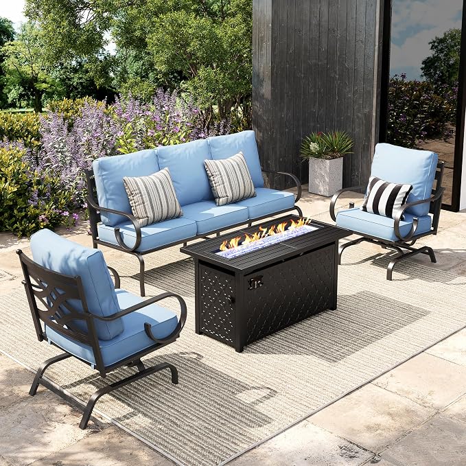 Sophia & William Patio Conversation Set for 5, 3-Seater Sofa, 2 Rocking Chairs and a 45" Fire Pit Table, Metal Outdoor Furniture with 5.75" Extra Thick Cushions, Blue