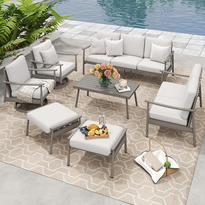 HAPPATIO Patio Outdoor Furniture Set - 7 Pieces Aluminum Outdoor Conversation Set Includes 1 Three-Seater Sofa, 1 Loveseat, 1 Coffee Table, 2 Swivel Chairs and 2 Ottomans for Porch, Lawn (Grey)