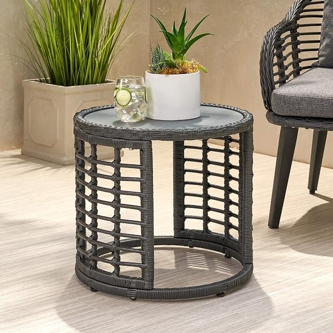 GDFStudio Outdoor Modern Boho Wicker Side Table with Tempered Glass Top, Gray