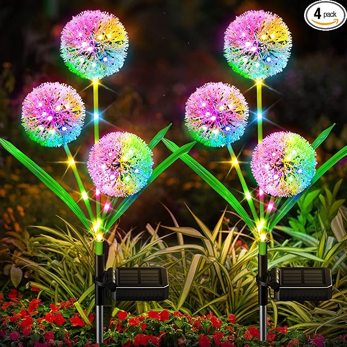 WdtPro Solar Lights Outdoor Garden Decor, 4 Pack 12 Heads Solar Flower Lights, 2 Modes 144 LEDs Dandelion Light & Glowing Stems, Brighter Waterproof Decorative Garden Lights for Yard, Patio, Gifts