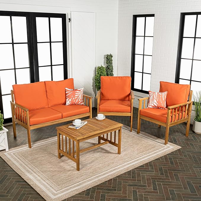 JONATHAN Y LVG1201C-4SET Everly 4-Piece Modern Cottage Acacia Wood Outdoor Patio Set with Cushions and Tropical Decorative Pillows Classic, Coastal, Traditional, Mid-Century, Orange/Teak Brown