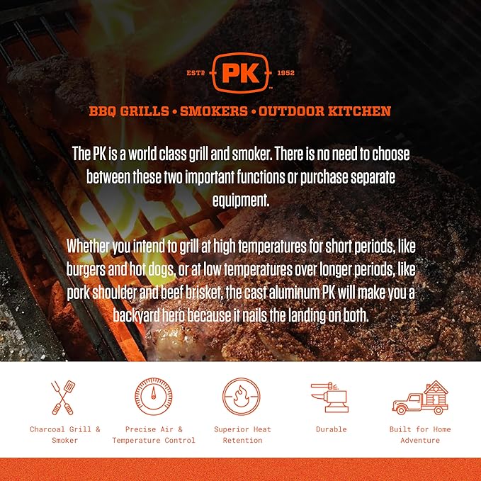 PK Grills PK300-SCX Portable Charcoal Grill and Smoker, Aluminum Outdoor BBQ Grill, Portable Grill for Camping, Backyard Grilling, Park, Tailgating, Silver