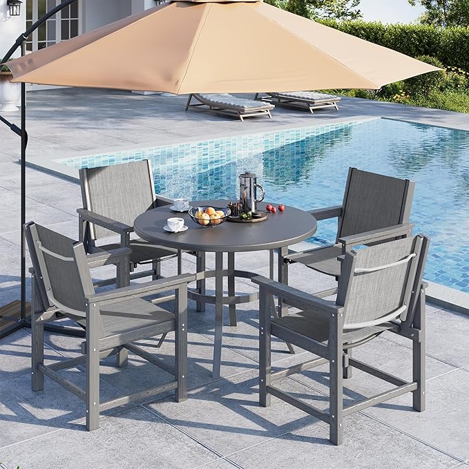 Amopatio Outdoor HDPE Dining Chairs Set of 4 All-Weather Patio Chairs with Textilene Backrest Heavy Duty for Porch Backyard Deck Lawn Garden, Gray