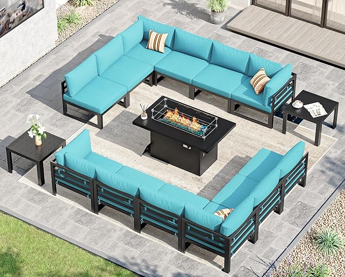 NICESOUL 15 Piece Extra Large Aluminum Patio Furniture Set with Fire Pit Table, Modular Outdoor Conversation Set with Coffee Table, 500 lbs Sturdy Comfy Sectional Sofa for Poolside Exterior, Turquoise