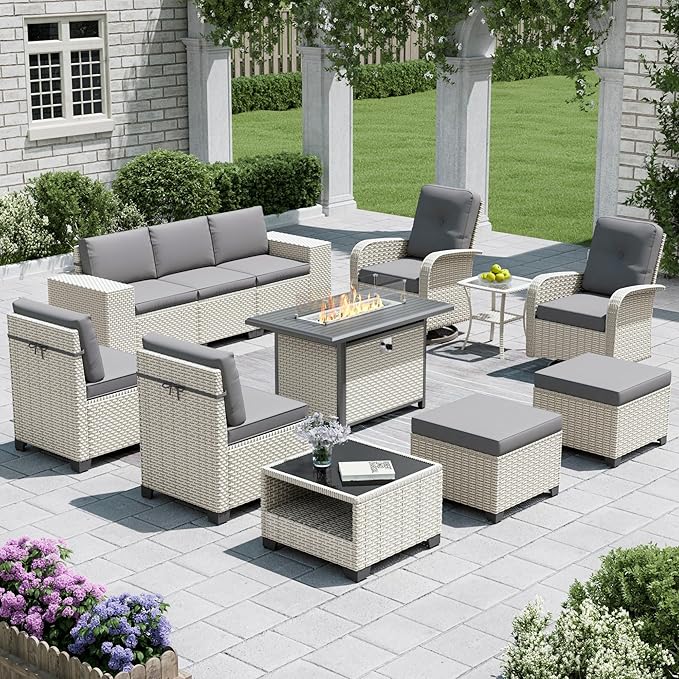 12-Piece Outdoor Patio Furniture Set with Fire Pit, Modular Sectional Sofa Set with Swivel Rocker Chairs & Ottomans, Wicker Outdoor Couch Conversation Sets w/Coffee Table and Cushions, Gray