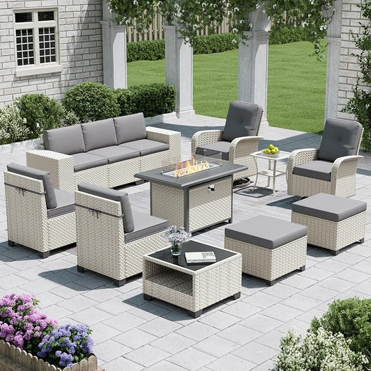 12-Piece Outdoor Patio Furniture Set with Fire Pit, Modular Sectional Sofa Set with Swivel Rocker Chairs & Ottomans, Wicker Outdoor Couch Conversation Sets w/Coffee Table and Cushions, Gray