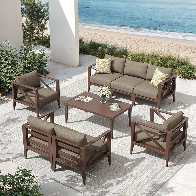 8-Piece Aluminum Patio Furniture Set, Oversized Outdoor Conversation Sofa Set with Coffee Table, Brown All-Weather Deep Seating, Rust-Proof Frame for Backyard, Deck, Porch, or Balcony