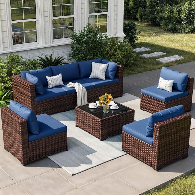 Patio Furniture Set, 7-Piece Outdoor Sectional Rattan Sofa Set with Coffee Table (Navy Blue Cushions with Brown Rattan)