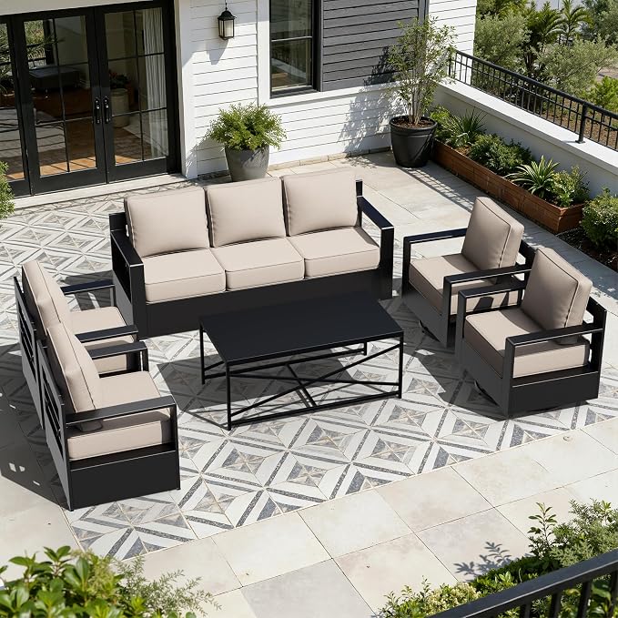 Outdoor Aluminum Furniture Set, 6-Piece Patio Conversation Set, 2 Swivel Chairs, 2 Chairs,1 Sofa and 1 Table, All-Weather Metal Frame, 6" Thick Removable Cushions, Deep Setting for Garden, Porch