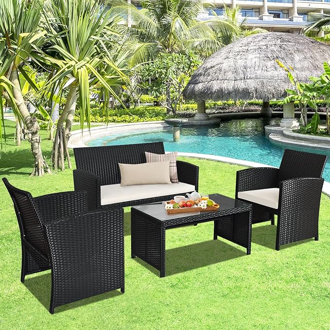 DORTALA 4 Pieces Patio Wicker Conversation Furniture Set, Outdoor Rattan Sofas with Bistro Sets with Coffee Table for Courtyard Balcony Wicker Chairs with Soft Cushion and Table, White