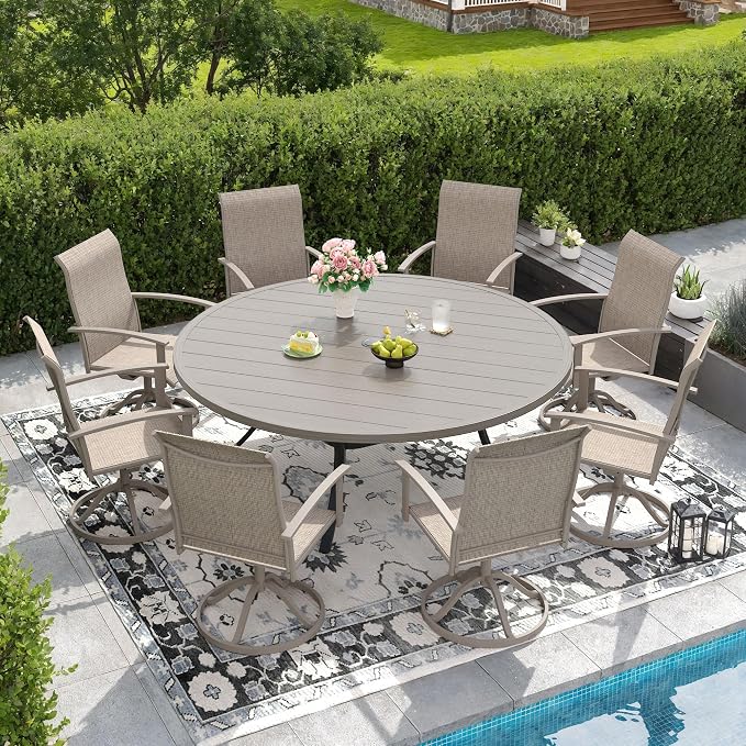 DIFY 9 Pieces Outdoor Dining Set for 8, 63" Grey Wood-Like Round Metal Table with Umbrella Hole and Sandshell Textilene Swivel Patio Chairs, Patio Table and Chairs Set for Garden, Backyard, Poolside