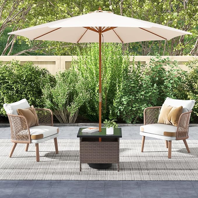 LUARANE Rattan Umbrella Side Table, Outdoor Wicker Stand Table with Umbrella Hole Steel, Suitable for Gardens, Balconies, Poolside (HDPE Tabletop)