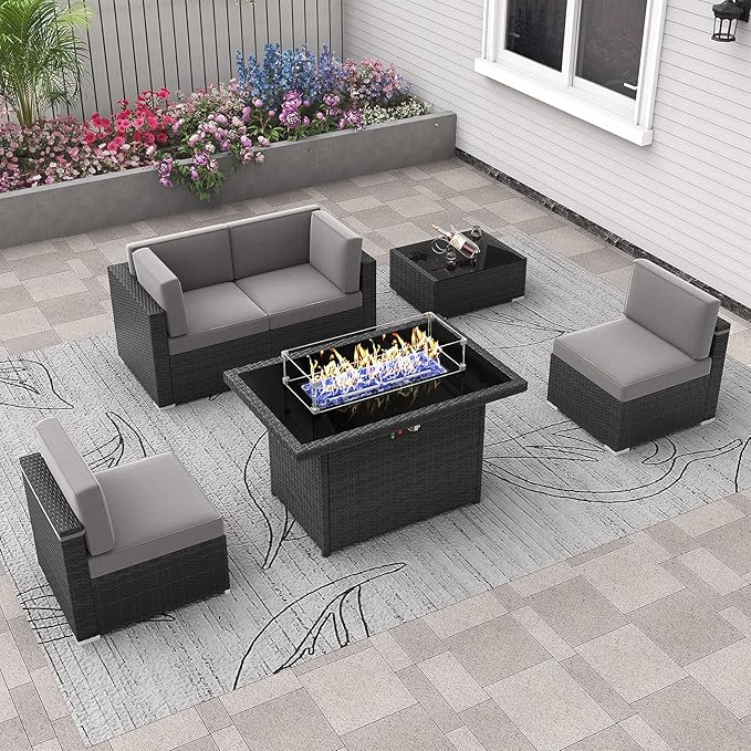 6 Pieces Patio Furniture Set with 44" Propane Gas Fire Pit Table, Outdoor Sectional Wicker Conversation Sofa Sets with Coffee Table