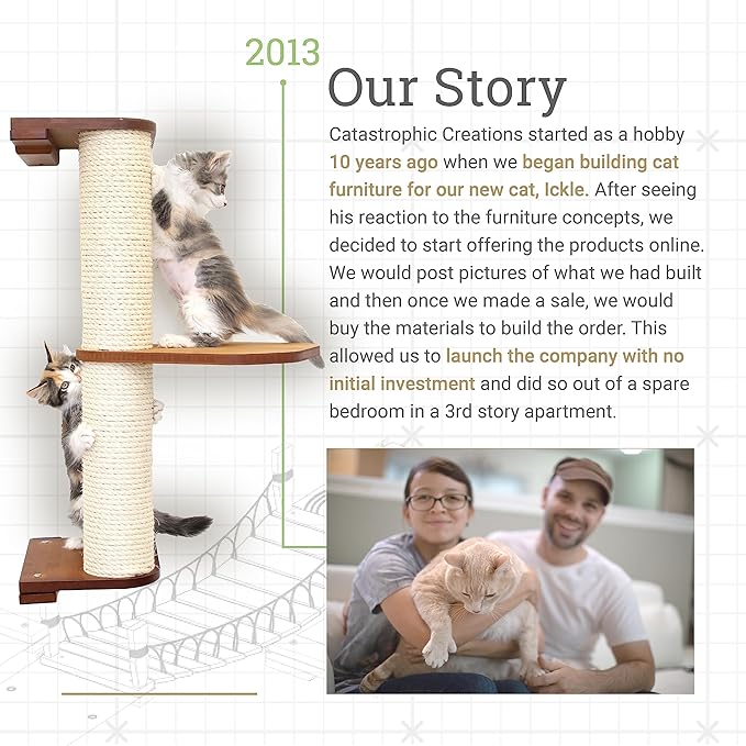 Catastrophic Creations Cat Feeder Lounge w/Cat Hammock — Natural Bamboo Cat Wall Furniture — Wall Mounted Cat Feeder — Highly Customizable, Cat Tested & Approved (25 Inch)