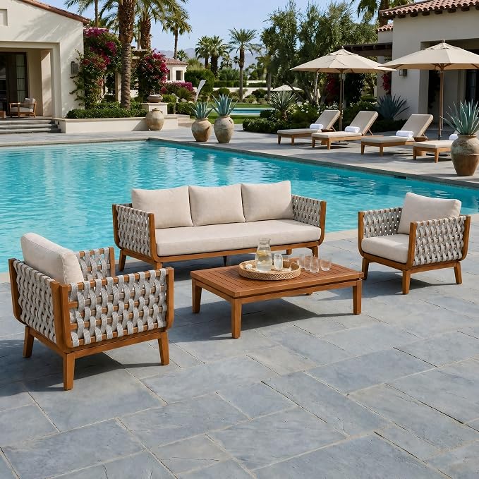 Christopher Knight Home Gwen 4 Piece Acacia Wood Patio Conversation Set with Sofa, Coffee Table and 2 Club Chairs, 3-Seater Sofa with Water-Repellent Cushion, Outdoor Patio Furniture Set, Teak+Beige