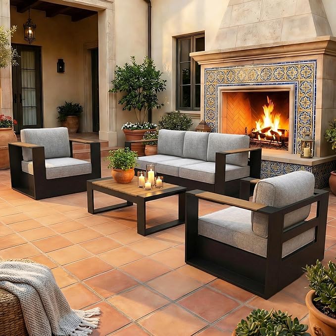 LayinSun 4 Pieces Aluminum Patio Furniture Set with Coffee Table, Oversized Outdoor Conversation Set 5 Seats with 6" Thick Cushions for Outside Porch, Balcony, Deck
