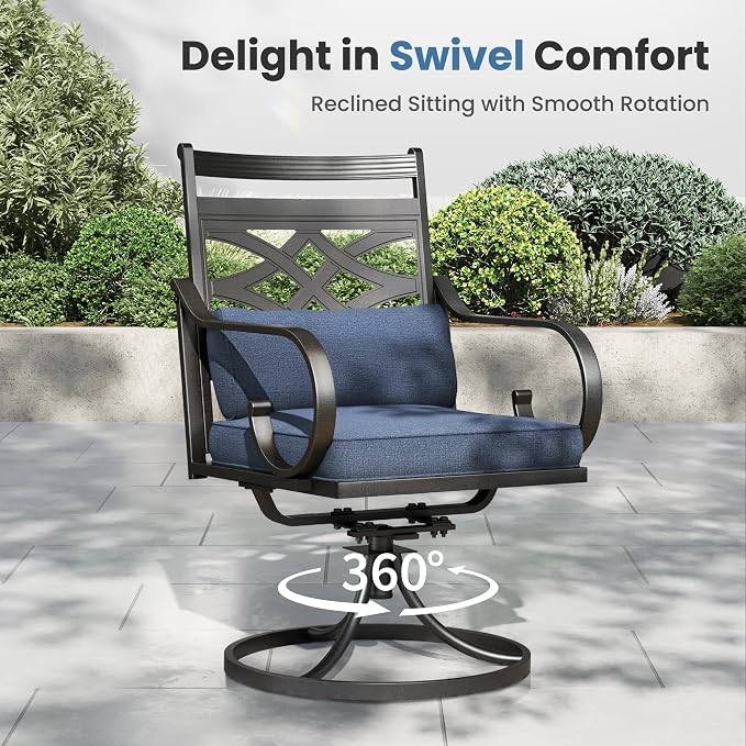PHI VILLA Patio Dining Set, Swivel Chairs, Metal Table | Metal chairs, Blue Cushion, Umbrella Hole, Cushions, E-coated