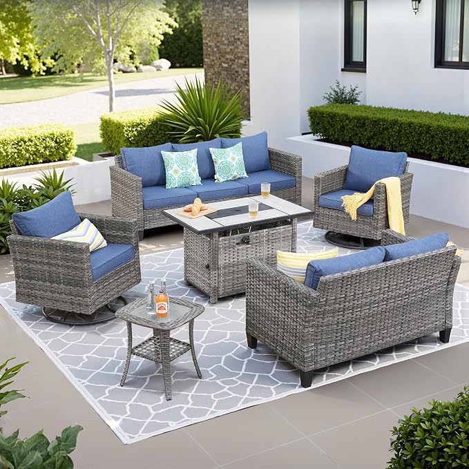 ovios 6 Pieces Patio Furniture Set with Rectangular Fire Pit Table, Swivel Rocking Chairs, Loveseat, Outdoor High Back Wicker Rattan Conversation Set for Deck Porch, Denim Blue
