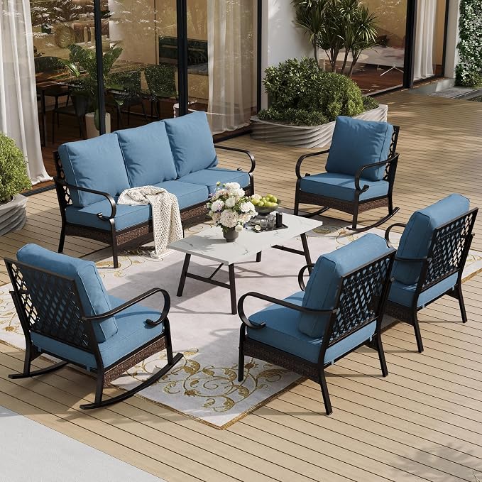SUNSHINE VALLEY 6 Piece Metal Outdoor Patio Furniture Set, Patio Conversation Set with Rocking Chair and 5.75" Thick Cushion & Coffee Tabl, Outdoor Seating Black Frame Backyard Furniture, Denim Blue