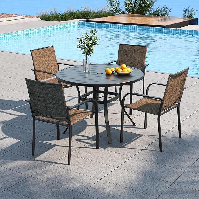 Anmutig Outdoor Patio Chairs and Round Table Set with 41 inch Metal Table, 4 Stackable Brown Outdoor Dining Chairs - 5 Piece