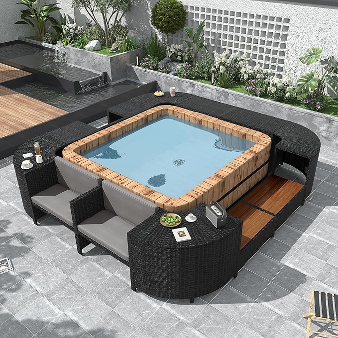 LUMISOL Spa Surround Spa Frame, Quadrilateral Outdoor Rattan Sectional Sofa Set with Sofa, Wood Seats and Storage Spaces for Free Combination, Patio Conversation Set for Poolside Garden, Gray