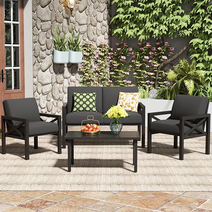 NATURAL EXPRESSIONS Outdoor Patio Furniture 4 Pieces Set, Modern Patio Conversation Sets, Outdoor Sectional Metal Sofa with 5.5 Inch Cushion and Coffee Table,Black