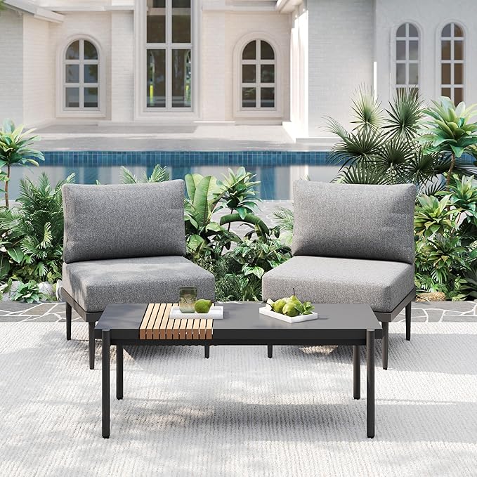 Metal Patio Furniture Set, 3 Pieces Outdoor Sectional Sofa Sets with Coffee Table, 6" Thick Cushion Modular Outdoor Conversation Set for Balcony, Patio & Courtyard, Gray