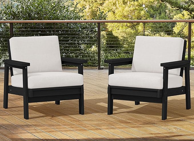 SERWALL HDPE Outdoor Couch Set of 2, All-Weather Wood-Like Patio Furniture Set, Black Outdoor Sofa Chairs with Khaki Cushions
