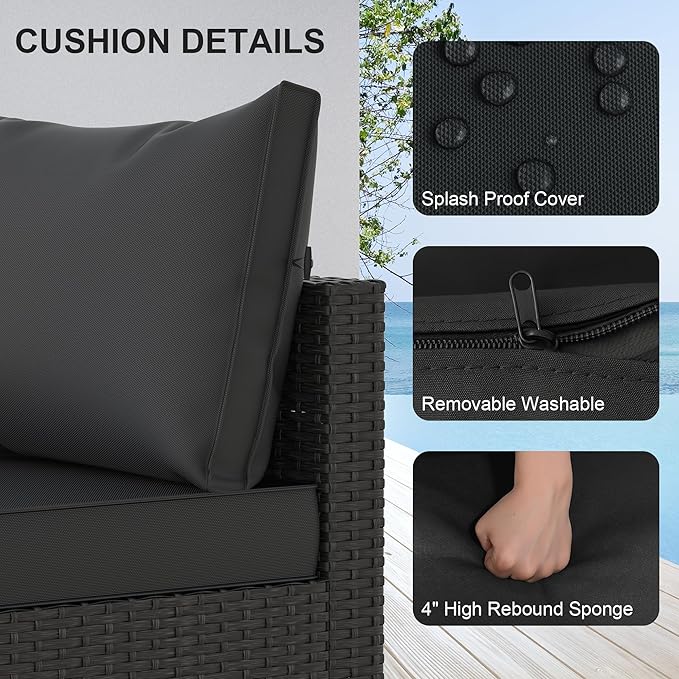 Patio Furniture Set, 5PCS Outdoor Sectional with Ottoman Wicker Rattan Patio Couch with Thickened Cushion Modular Wicker Patio Conversation Set with Glass Top Table for Balcony, Backyard (Black)