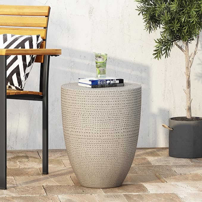 Outdoor Side Table Concrete End Table Faux Stone Small Coffee Tables Patio Garden Stool Plant Stand for Porch, Backyard Silver-Barrel