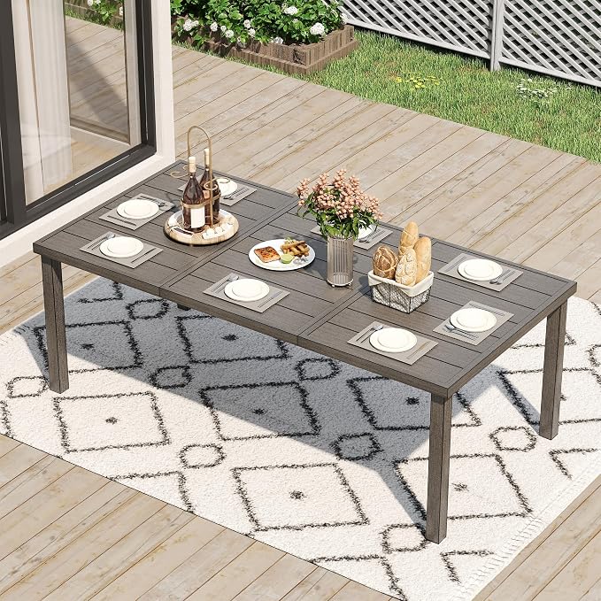 HAPPATIO Outdoor Dining Table for 8, Large 80.3" Rectangular Aluminum Patio Tabletop with Umbrella Hole, Rustproof Aluminum Frame for Poolside Lawn Garden