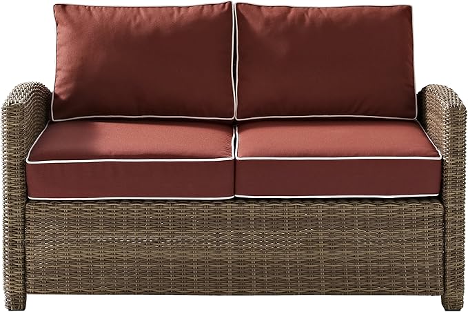 Crosley Furniture Bradenton 5-Piece Outdoor Loveseat Patio Furniture Set, Wicker Conversation Sets for Porch, Brown with Sand Cushions