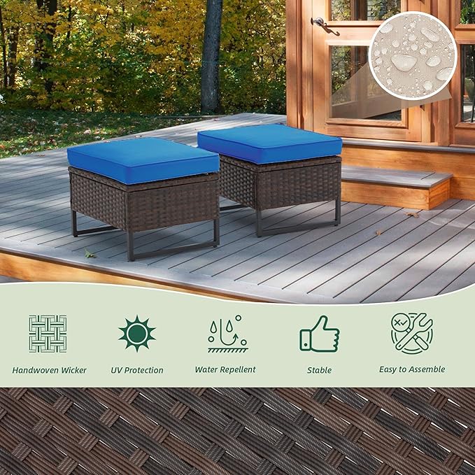 AVAWING Outdoor Wide Wicker Ottomans Set of 2, All-Weather Rattan Seat for Garden, Backyard and Balcony, Patio Footstool with Removable Cushions, Blue