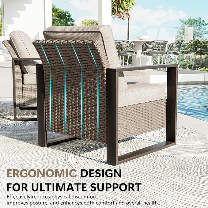 4 Piece Patio Furniture Set, Outdoor Wicker Chair and Ottoman, Metal Patio Furniture with Deep Seating, Thicken Cushions for Deck, Porch, Yard Use (Beige, 4 PCS/Chairs)