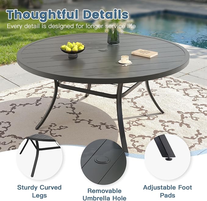 DIFY 11 Piece Outdoor Patio Dining Set for 10, Patio Table and Chairs Set with Umbrella Hole, 63" Round Dining Table and Stackable Metal Chairs for Backyard Garden Poolside, Black