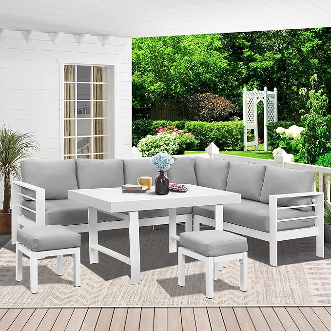Wisteria Lane Aluminum Outdoor Patio Furniture Set, Metal Outside Patio Furniture Conversation Sets with Dining Table&2 Ottomans, Sectional Sofa Couch Seating Set with Cushions for Backyard