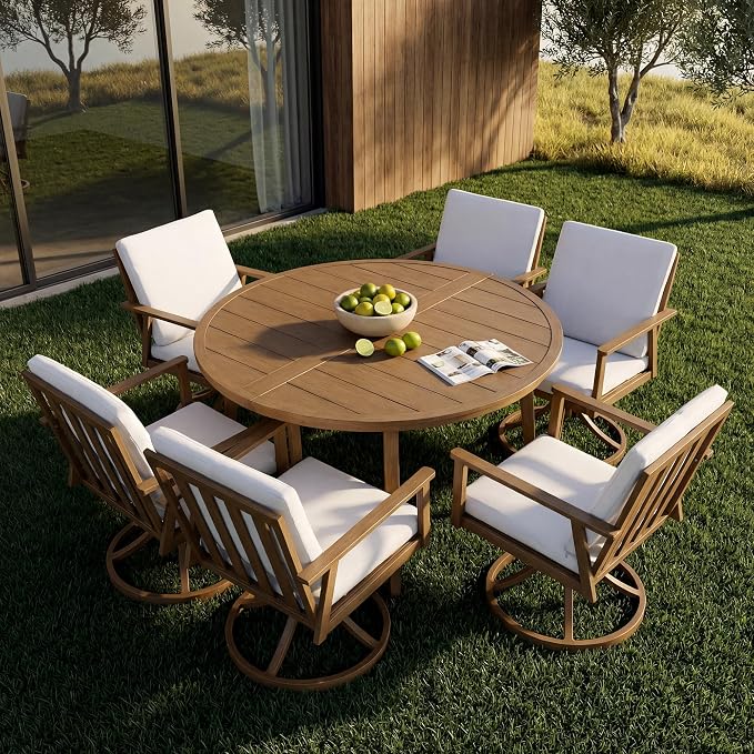 51" Round Outdoor Dining Table Set, 7-Piece Aluminum Round Outdoor Table with 6 Swivel Chairs, Faux Wood Grain Patio Table with Umbrella Hole for Garden, Backyard, Poolside, Teak