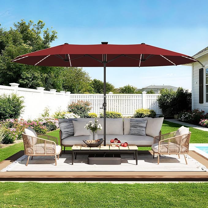 GDPFN 15ft Rectangular Patio Umbrella with Solar LED Lights, Double-Sided Outdoor Market Umbrella with Base Included, Extra Large Shade for Pool, Deck, Backyard, Garden, Burgundy
