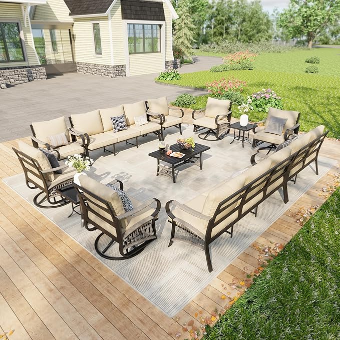12 Pieces Patio Furniture Set, Metal Outdoor Conversation Sets with Swivel Chairs, Modern Couch Sofa Seating Group with Coffee Table and Side Table (Thick Beige Cushions)