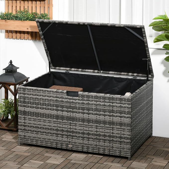 GOWE 113 Gallon Deck Box, Rattan Outdoor Storage Box, Waterproof Storage Container for Indoor, Patio Furniture Cushions, Pool Supplies, Garden Tools, Dark Gray