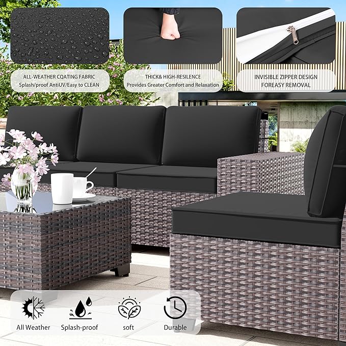 12 PCS Outdoor Patio Furniture Set,Outdoor Sectional Furniture All Weather PE Rattan Wicker Patio Conversation Set with 2 Coffee Tables and 10 Thickened Cushions,Black