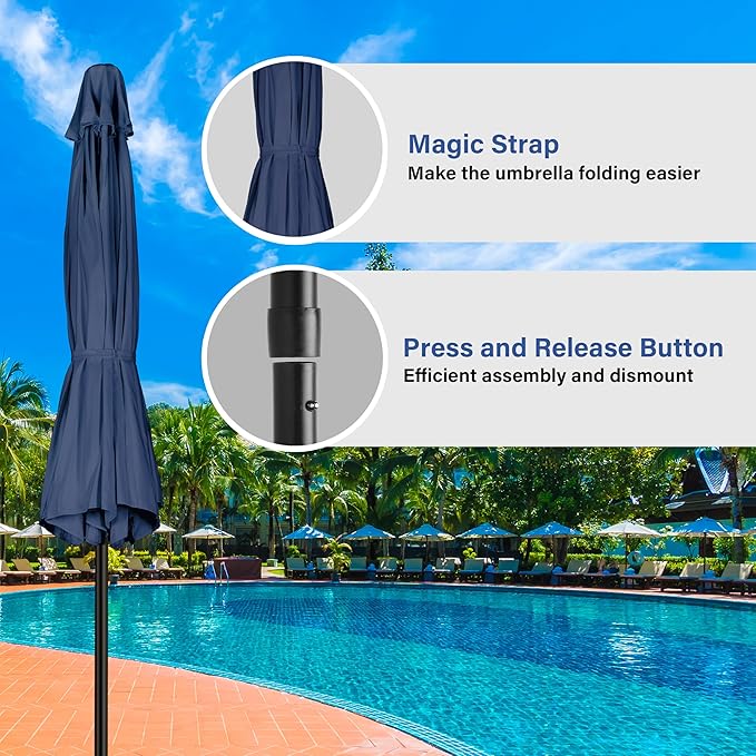 HealSmart 9' Patio Table Umbrella with Button Tilt, 8 Sturdy Ribs, 50lbs Base Stand Included, for Garden, Backyard, Deck, Pool, Dark Blue
