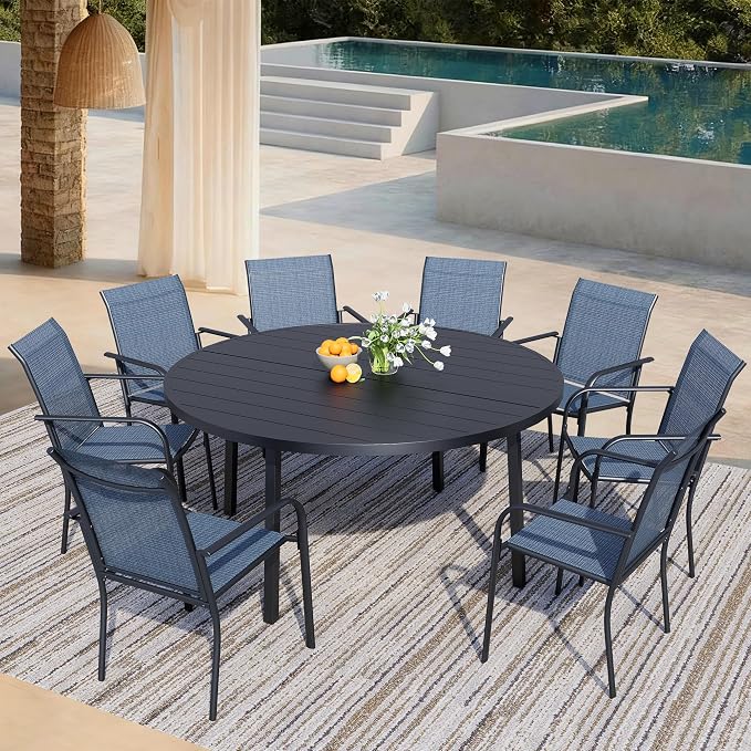 9 Pieces Patio Dining Set for 8, Blue Patio Stackable Chairs and Black Round Table Set of 8, Outdoor Furniture Set with Sling Support for Outside, Garden