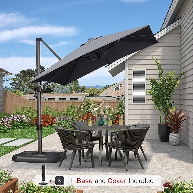 PURPLE LEAF 8'×8' Patio Cantilever Umbrella with Base Included Offset Outdoor Umbrella with Cover Square Outdoor Patios for Backyard Pool Garden Grey