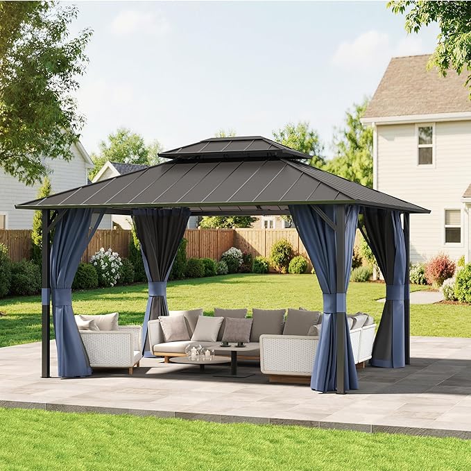 UDPATIO 12'x14' Hardtop Gazebo, Permanent Patio Pavilion with Breathable Netting and Privacy Curtain for Dining Party, Navy Blue
