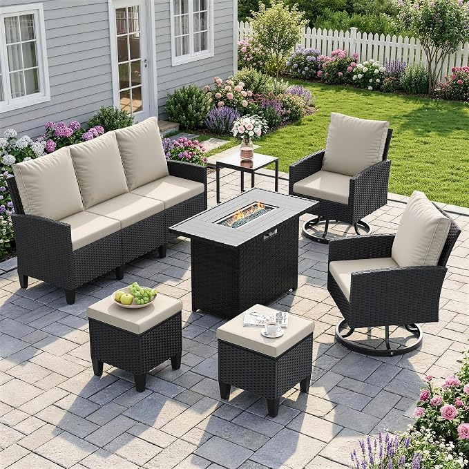 Amopatio Patio Furniture Set with Fire Pit Table,7 Pieces Conversation Sofa with 360° Swivel Chairs, All Weather Wicker Outdoor Furniture for Backyard Garden Pool Deck,Beige