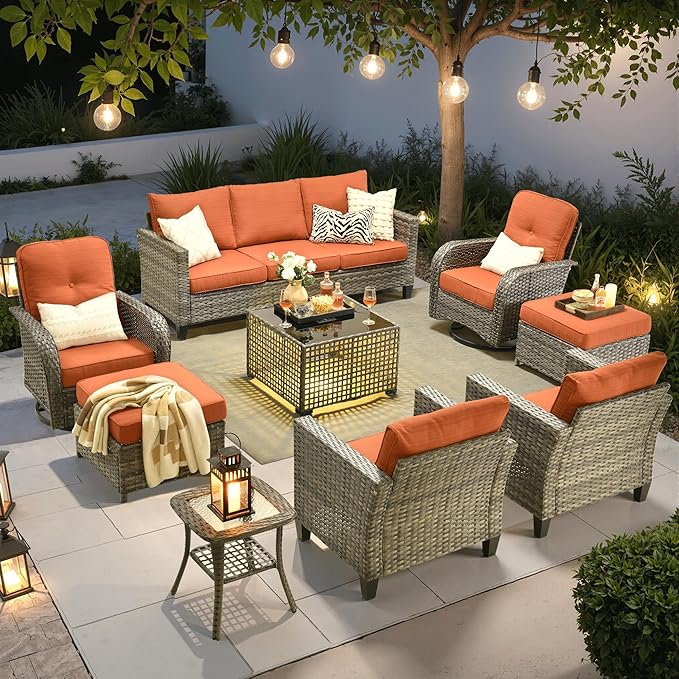 ovios 9 Pieces Patio Furniture Set, Outdoor Wicker Sofa Couch with Rocking Swivel Chairs Solar Lights Table, Modern Deep Seat Rattan Conversation Sets for Deck Porch, Orange Red