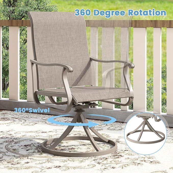 DIFY Patio Table and Chairs Set for 4, 5 Piece Outdoor Dining Set, 40.6" Grey Wood-Like Round Metal Dining Table with Umbrella Hole and 4 Sandshell Textilene Swivel Patio Chairs, for Garden Backyard